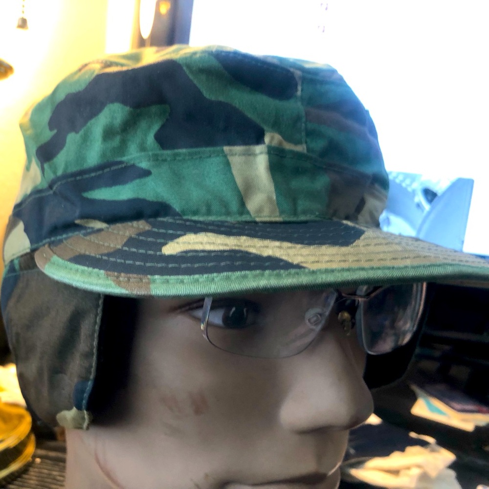 Military Issue Woodland Camouflage Combat Cap With Ear Flaps  Hat Size 7 1/2”